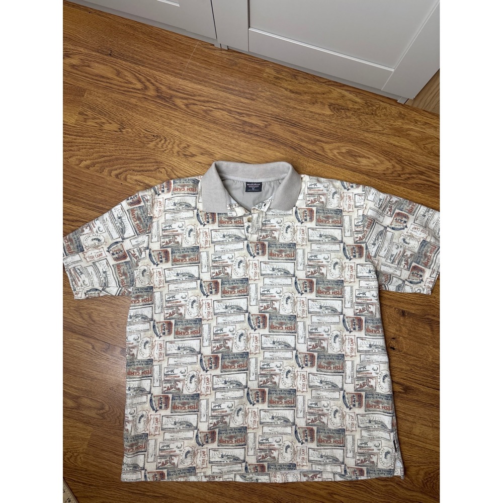 Woolrich Mens XL Polo Shirt Vintage Fishing Cabin Print Cotton